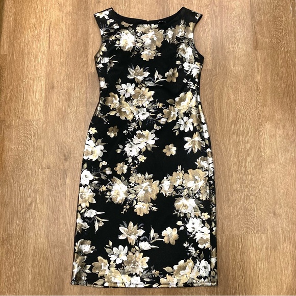 Black Silver and Gold Floral Print Sleeveless Sheath Dress Size Small Metallic - Picture 5 of 16